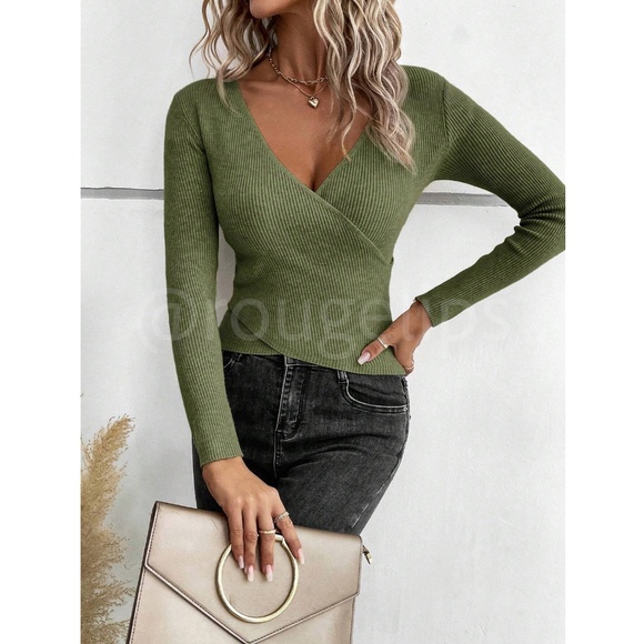 Green Rib-Knit V-Neck Overlapping Surplice Faux Wrap Light Sweater Top - Picture 3 of 7